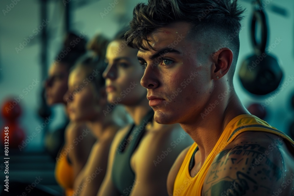 A gym full of active young folks doing kettlebell squats. In a fitness class, focused athletes lift heavy weights to improve muscle and endurance. A gym full of active young folks doing kettlebell squats. In a fitness class, focused athletes lift heavy weights to improve muscle and endurance.