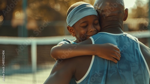 In basketball games, black fathers, children, and hugs are winners and successful in training and exercise. Happy, funny, and impressive kid and man in fitness link collaboration.