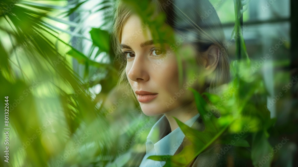 Contemplative Businesswoman Gazing Through a Window Surrounded by Greenery Contemplative Businesswoman Gazing Through a Window Surrounded by Greenery