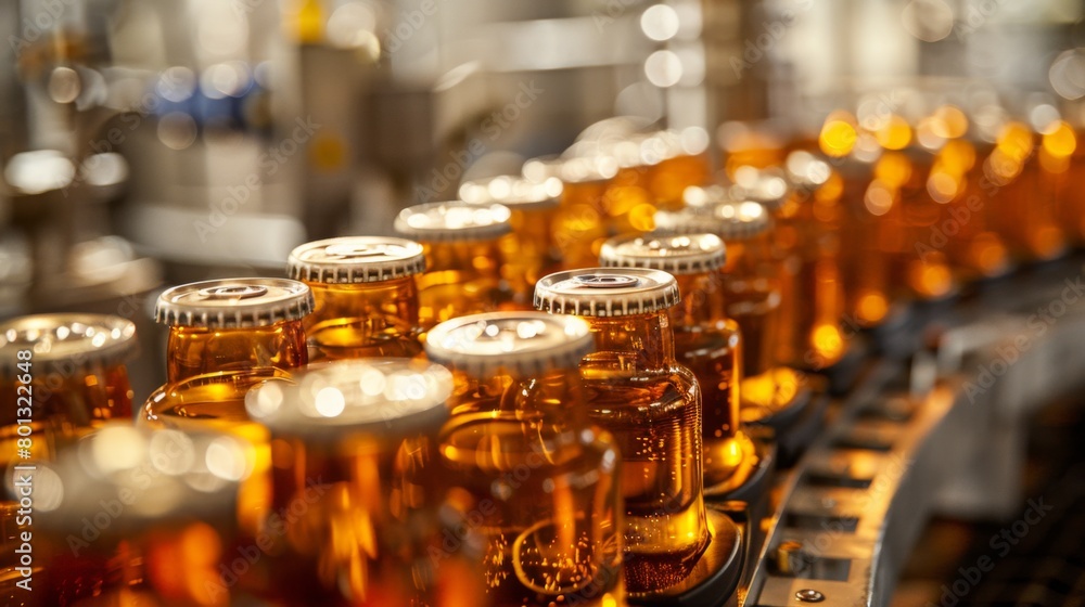 Carbonation and Packaging: A real photo shot capturing the carbonation and packaging process, with beer bottles or cans being filled and sealed, maintaining naturalness in the packaging area. Carbonation and Packaging: A real photo shot capturing the carbonation and packaging process, with beer bottles or cans being filled and sealed, maintaining naturalness in the packaging area.