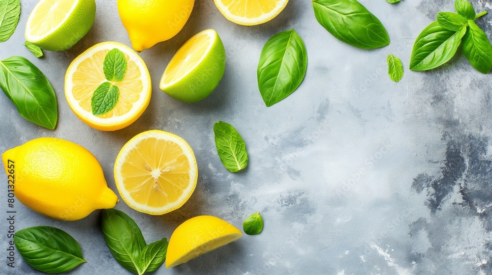 Refreshing Lemon and Lime Slices with Fresh Basil on Textured Background for Healthy Living Refreshing Lemon and Lime Slices with Fresh Basil on Textured Background for Healthy Living