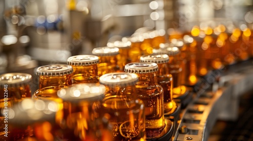 Carbonation and Packaging: A real photo shot capturing the carbonation and packaging process, with beer bottles or cans being filled and sealed, maintaining naturalness in the packaging area.