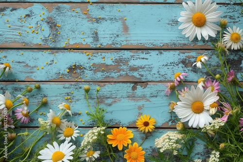 Colorful Daisies on Aged Turquoise Wooden Background: A Tranquil Floral Composition