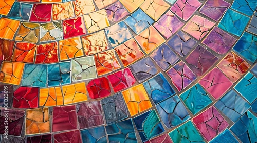 a colorful mosaic tile wall featuring a variety of shapes and sizes, including squares, rectangles,