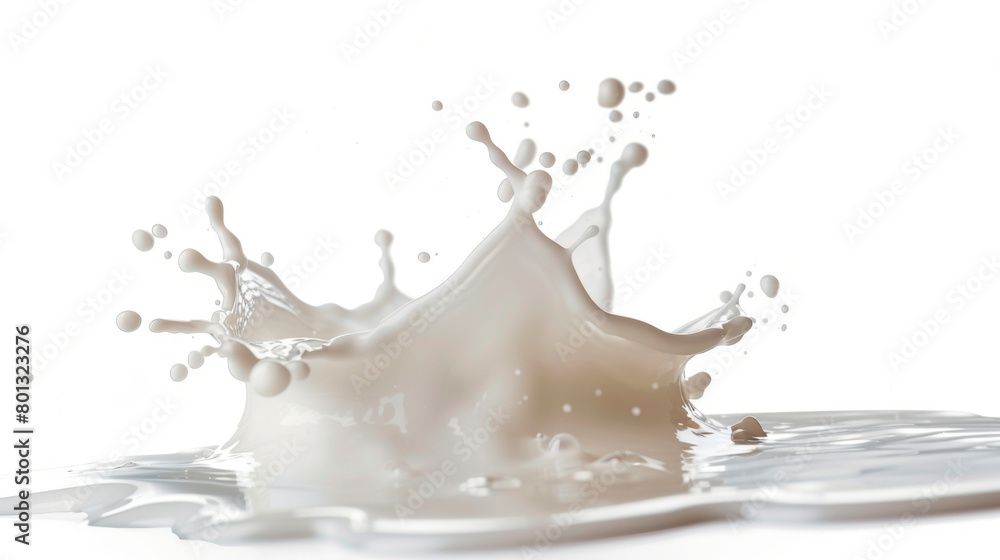A macro photograph capturing the beauty of a splash of milk on a white surface, showcasing the fluid dynamics and artistic expression of this transparent liquid event