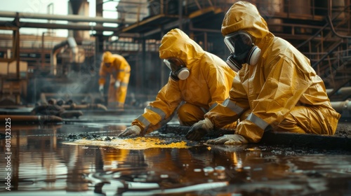 Chemical Neutralization: A real photo shot capturing the chemical neutralization process, where specialized agents are applied to the spill to neutralize hazardous substances. photo