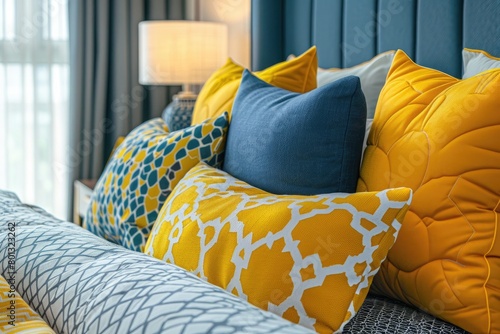 Interior of beautiful modern bedroom yellow cushions photo