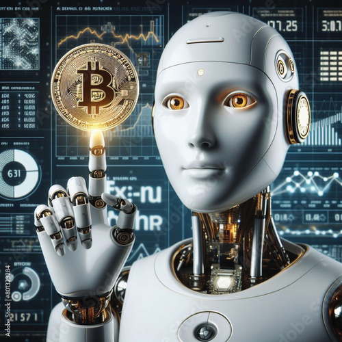 A robot with a human-like index finger touching a Bitcoin coin displays information related to financial development, planning, investing, numbers, graphs and circuit boards.