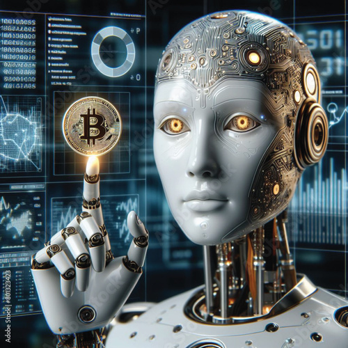 A robot with a human-like index finger touching a Bitcoin coin displays information related to financial development, planning, investing, numbers, graphs and circuit boards.