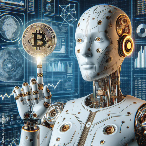 A robot with a human-like index finger touching a Bitcoin coin displays information related to financial development, planning, investing, numbers, graphs and circuit boards.