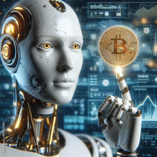 A robot with a human-like index finger touching a Bitcoin coin displays information related to financial development, planning, investing, numbers, graphs and circuit boards.
