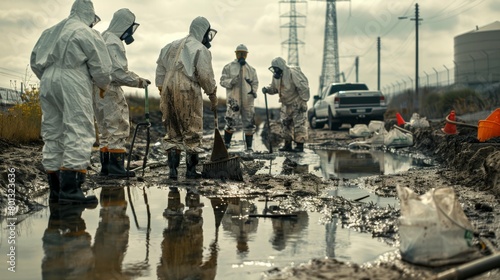 Cleanup Crew: A real photo shot depicting cleanup crews in protective gear working to remove contaminated materials and residue from the spill site. photo