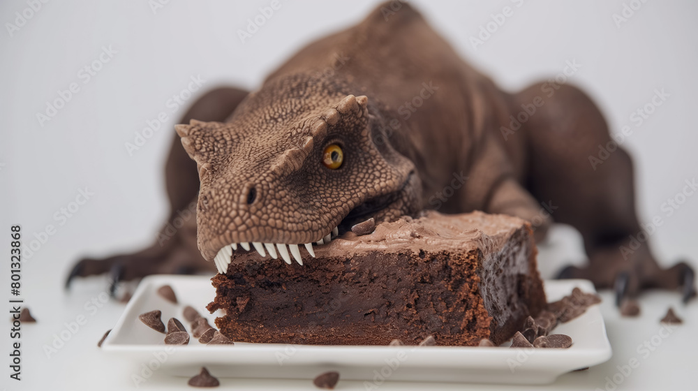 Fototapeta premium Toy dinosaur ready to bite into a rich, chocolate cake placed on a white plate, surrounded by chocolate shavings.
