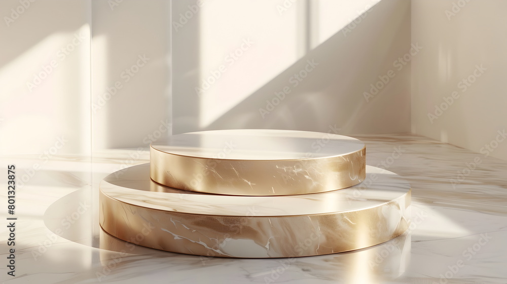 2 stacks mockup of Luxurious circular podium, glossy gold marble, ambient soft lighting, against a sleek, minimalist white space, essence of sophistication 2 stacks mockup of Luxurious circular podium, glossy gold marble, ambient soft lighting, against a sleek, minimalist white space, essence of sophistication