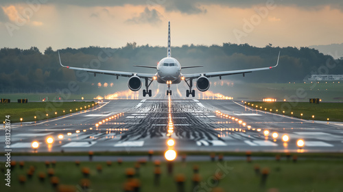 Commercial airplane on a runway, illuminated by the setting sun, preparing for takeoff, with the runway lights vividly marking the path. photo