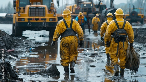 Cleanup Crew: A real photo shot depicting cleanup crews in protective gear working to remove contaminated materials and residue from the spill site.