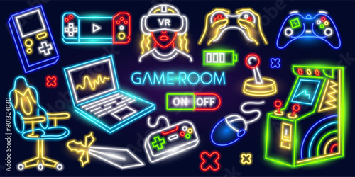 Set of fashion Game neon sign. Console and computer. Night bright signboard, Glowing light banner. Summer logo, emblem. Club or bar concept on dark background. Editable vector. 