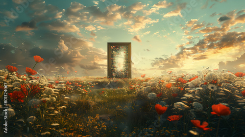 This digital artwork captures a surreal scene of a doorway standing amidst a vibrant field of wildflowers under a dynamic, cloud-filled sky, symbolizing new beginnings and nature's resilience
