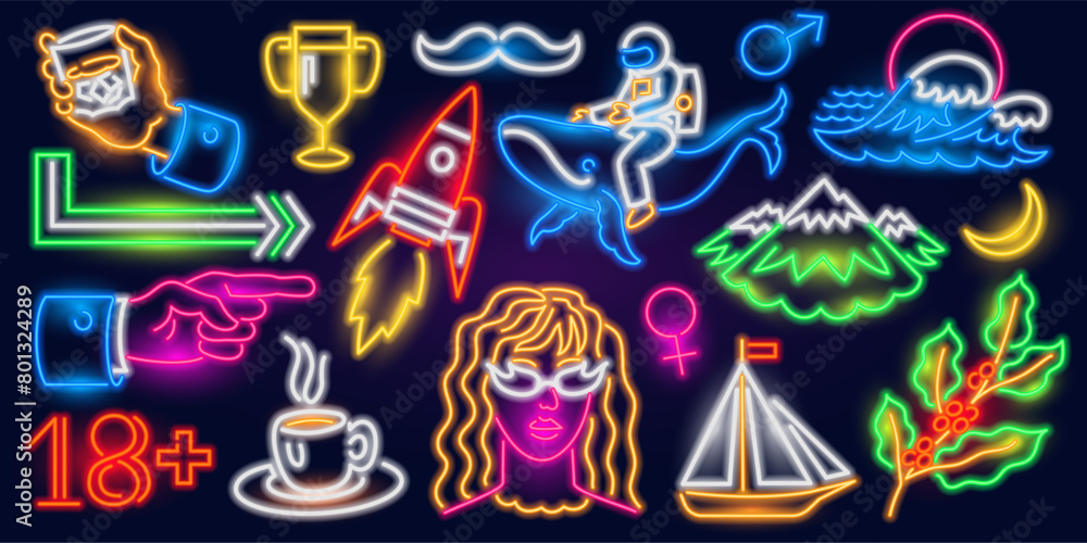 Set of fashion space neon sign. rocket, wave, mountains, sailboat, astronaut on a whale, glass of whiskey, cup of coffee. Night bright signboard. Summer logo. Club or bar concept on dark background