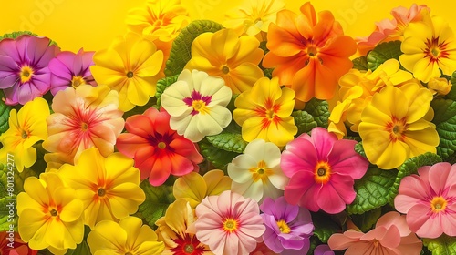 Array of multicolored primroses, cheerful yellow background, spring festival magazine cover, vibrant natural light, full page display