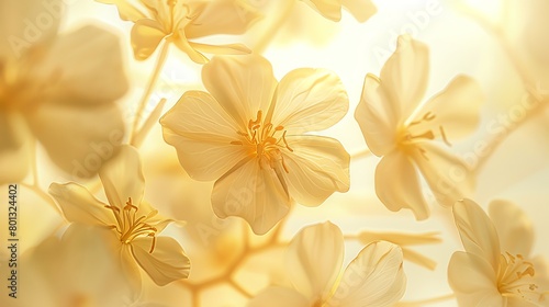 Delicate primrose petals, elegant cream background, botanical art magazine cover, soft morning light effect, close frontal view