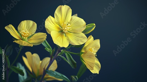 Evening primrose  dark navy background  health and herbal magazine cover  soft side lighting  frontal perspective