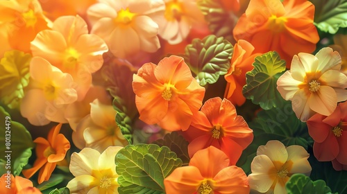 Garden of primroses, bright orange background, gardening trends magazine cover, warm sunlight, overhead view