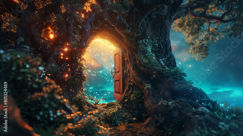 A captivating scene depicting a luminous door set within a gnarled tree  surrounded by twinkling lights and an enchanted forest bathed in twilight.