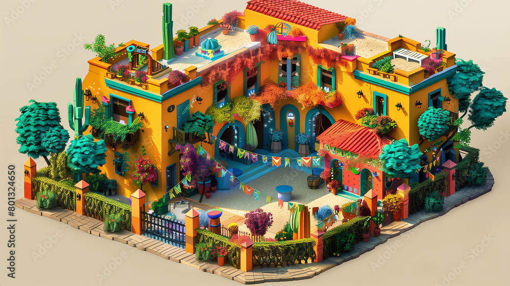 A colorful isometric hacienda (estate) decorated for a Cinco de Mayo fiesta