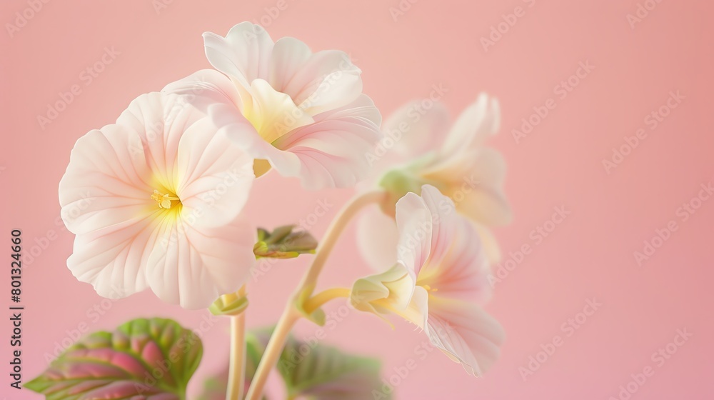 Single primrose, pastel pink backdrop, wellness and beauty magazine cover, subtle ambient light, closeup view