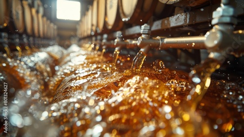 Conditioning and Maturation: A real photo shot of beer undergoing conditioning and maturation in aging tanks or oak barrels, maintaining naturalness in the cellar or aging room. photo