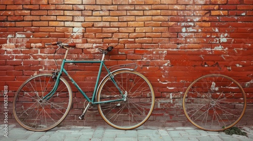 bicycle leaning against red brick wall with copy space, vintage color tone. world bicycle day background concept.