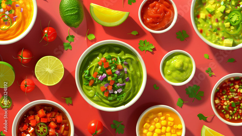 A vibrant assortment of colorful salsas and guacamole in isometric containers