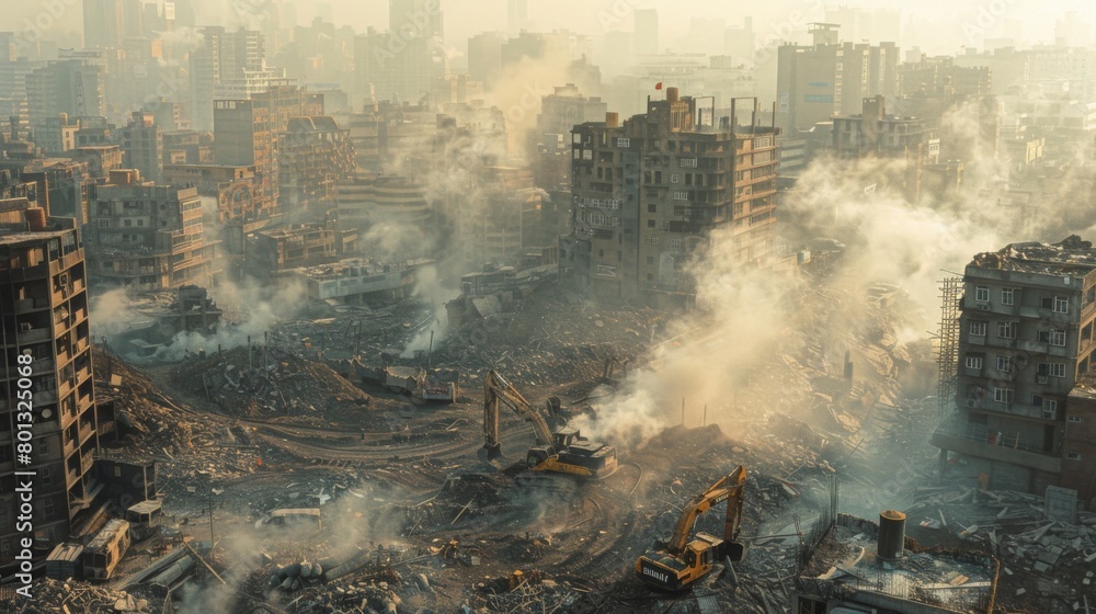 Construction Sites: A real photo shot of construction sites generating dust and debris, exacerbating the PM 2.5 dust crisis, amidst the bustling cityscape.