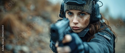 A woman is holding a gun and wearing a camouflage hat photo