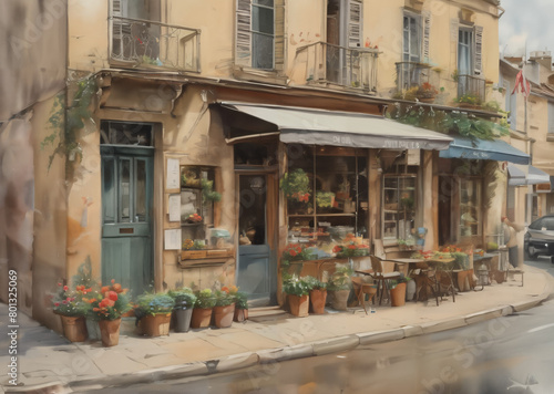 oil painting of a cute shop with potted plants in front of it on a french street © Yunus