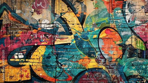 a colorful graffiti - covered wall with a bicycle parked in front, surrounded by colorful graffiti