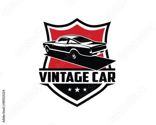 1968 Mustang 390 car. Vintage car logo silhouette. isolated white background view from behind. Best for logo, badge, emblem, icon, sticker design
