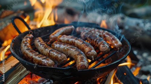 Sausages fried on fire. Food for a picnic, a quick snack.