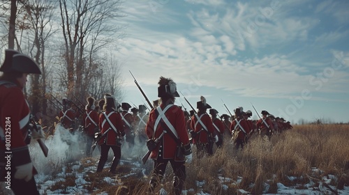 A reenactment of a Revolutionary War battle scene with soldiers in authentic uniforms