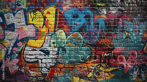 colorful graffiti adorns a brick wall  with a bicycle parked nearby and a person s head visible in