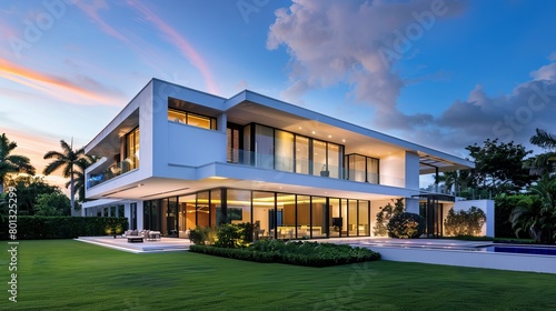 Gorgeous modern white home with lush grass and a blue sky at dusk and dawn