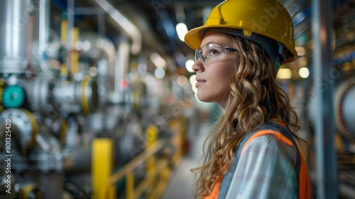 A woman in a yellow helmetA woman in a yellow helmet and safety vest stands in front of a large industrial pipe. She is looking at the pipe with a serious expression on her face