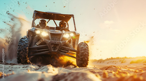 A UTV buggy in motion on a sunny beach