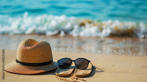 Black sunglasses with a straw hat next to a slipper  backdrop of the clear sea. the idea of travel  vacation  and a lovely sandy beach in the summer. Holiday concept. Copy space for a message.