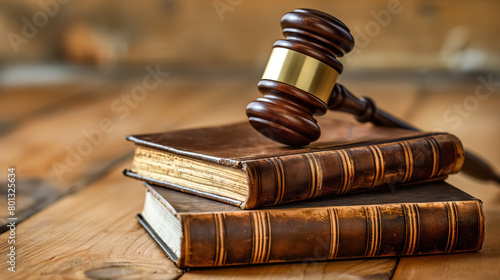 Wooden gavel resting on old law books on a rustic wooden table, symbolizing justice and law.