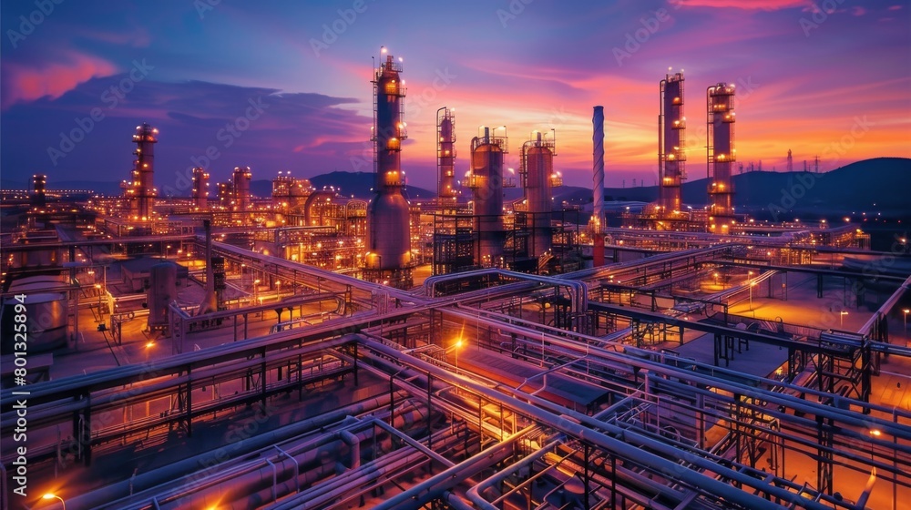 A real photo shot depicting cracking units in operation, where heavy hydrocarbons are broken down into lighter, more valuable products, maintaining the naturalness of the refinery's industrial setting A real photo shot depicting cracking units in operation, where heavy hydrocarbons are broken down into lighter, more valuable products, maintaining the naturalness of the refinery's industrial setting