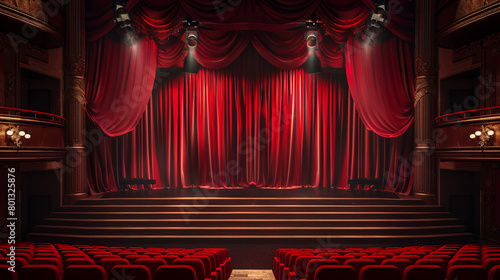 The theater stage with red velvet curtains and seats for the audience, classic theater interior background. Stock photo