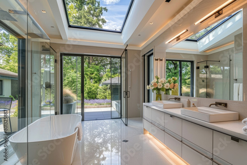 A spacious bathroom with a large glassed-in steam room  a modern vanity area and tub on the left side of the picture  a skylight above the bathtub for natural light
