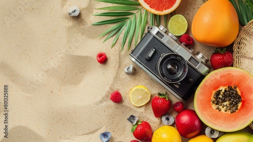 Old photo camera with summer fruits on sand background. Top view. summer background concept. with copy space